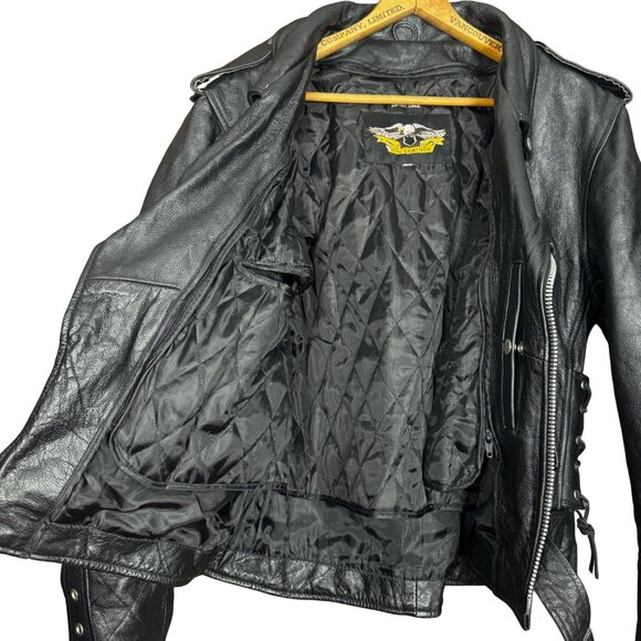 Vintage 90s Black Leather Motorcycle Jacket With Belt Zip Out Liner - Picture 9 of 13
